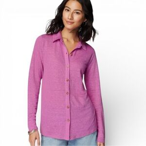 J Jill Linen Purple Wild Orchid Long Sleeve Button Down Shirt Sz S